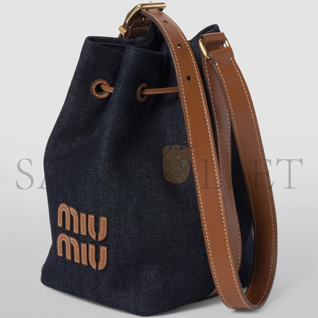 MIU MIU DENIM AND LEATHER LOGO BUCKET BAG 5BE090 (22.5*16*14cm)